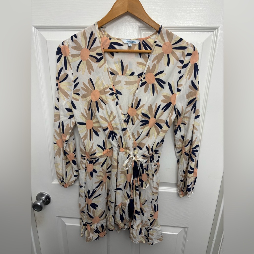 blue island Long Sleeve Floral Wrap Dress in White, Peach & Navy